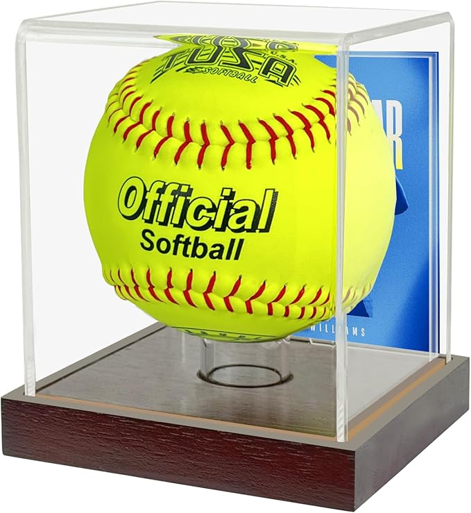 Softball Display Case Clear Soft Ball Holder for Display,UV Protected Cube with Wooden Base,Softball Display Case for 12 Inch Ball or 11 inch Ball Sports Ball Storage Collections (4×4×4.8 inches)