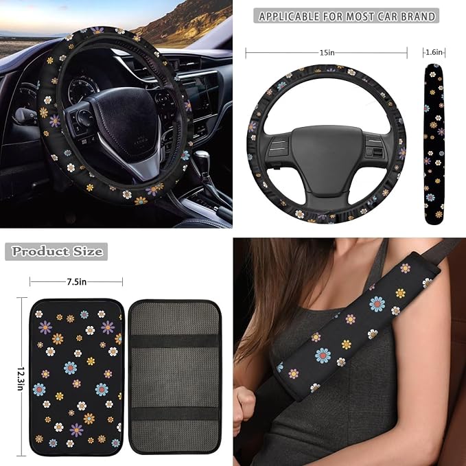 12 Pcs Flower Car Seat Covers for Women,Colorful Groovy Flowers Auto Steering Wheel Cover Protector,Hippie Floral Cup Coaster,Keychain,Shoulder Seatbelt Pad,Soft Armrest Pad Decor Accessories