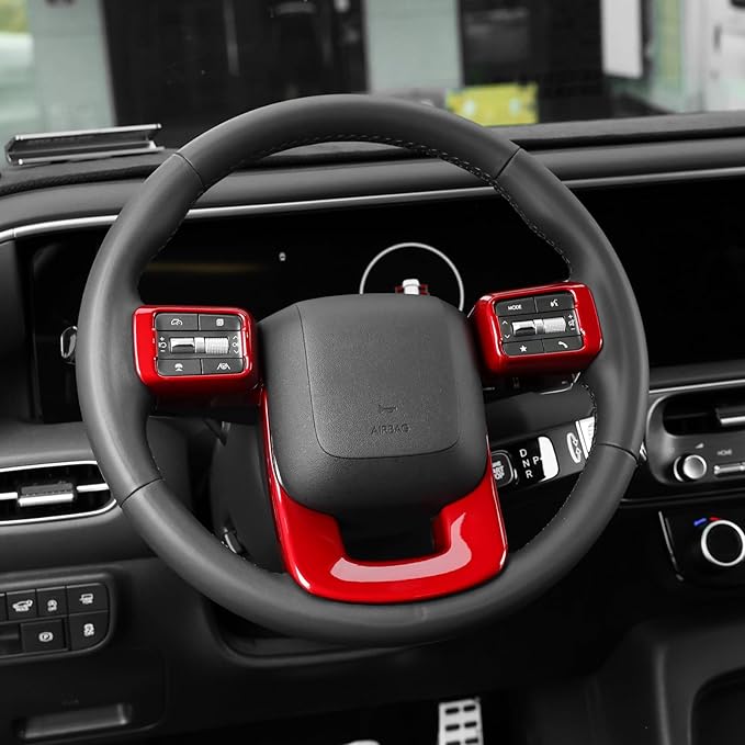 ABS Car Steering Wheel Frame Cover Steering Wheel Button Panel Protection Frame Molding Trim Compatible with Hyundai Santa FE 2024-2026 Accessories (Glossy Red Style)