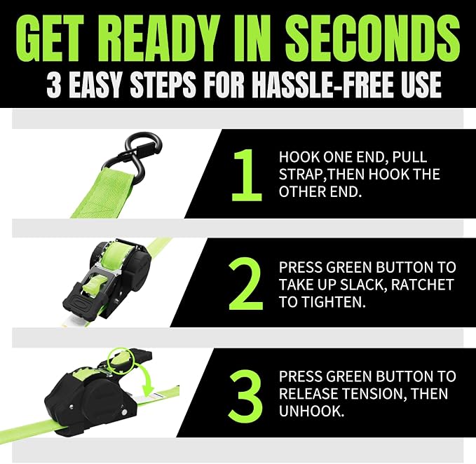 Retractable Ratchet Straps, 4-Pack, 1 Inch x 12 Feet Heavy Duty Tie Downs, 1760lb Break Strength, Self Retracting for Truck, Cargo, Trailer, Motorcycle, ATV, UTV (Green, 8pack)