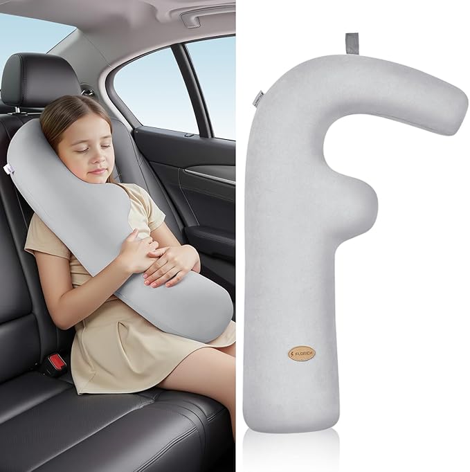 FLORICH Memory Foam Kids Travel Pillow, Car Sleeping Pillow, F-Shape Car Pillows for Adults and Children, Traveling Car Pillow for Kids with Removable Pillowcase (Dark Grey)