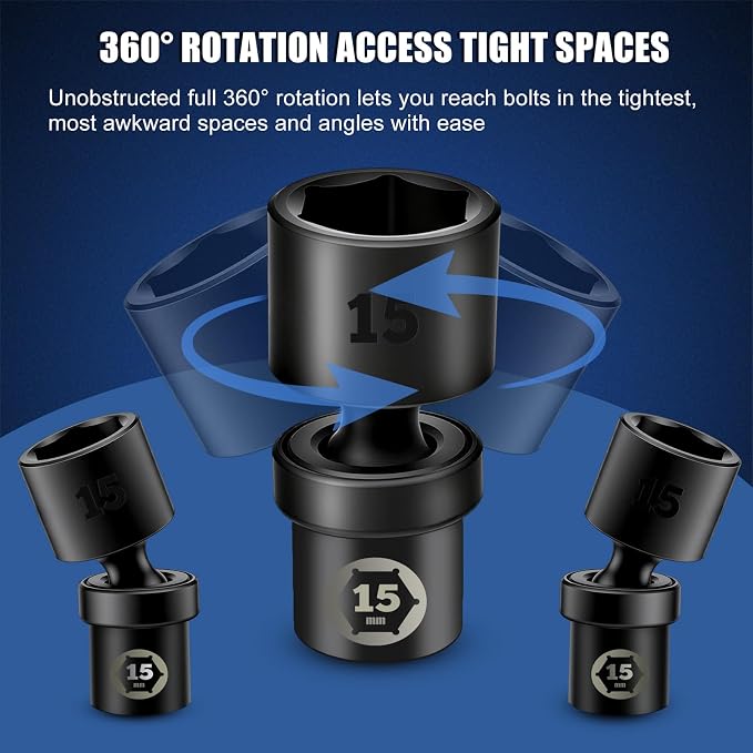 Professional 1/4" Drive Impact Swivel Socket Set,16-Piece Universal Metric Wobble Sockets (5-15MM) with 2", 6" Extension Bars & Socket Adapters, 6 Point, CR-MO, EVA Foam Organizer