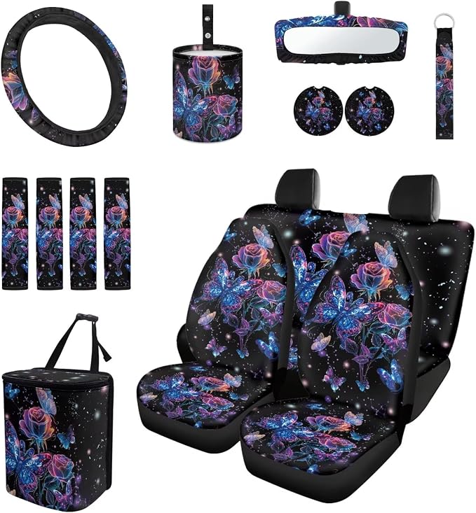 15 Pcs Rose Butterfly Car Seat Cover Full Set for Women with Car Steering Wheel Cover Seat Belt Cover Trash Bin Front Rear View Mirror Car Cup Holder Keychain