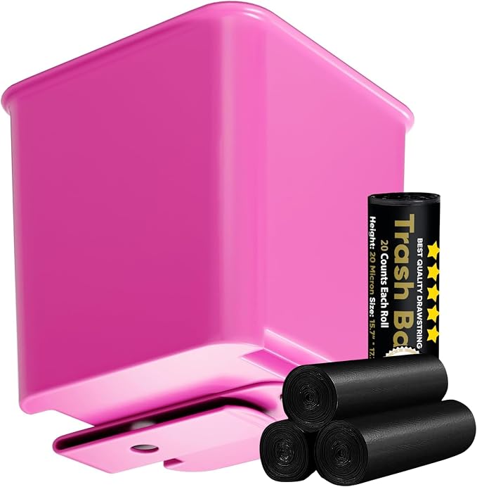 Pink Car Trash Can plus Trash bag bundle – Waterproof, w/Floor Mat Clip, Leakproof Build, Portable – Includes 1 Roll Inside + 3 Extra Roll (80pcs Total) – Black, Large – For Cars, SUV, & T