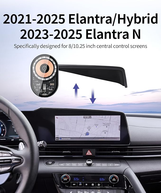 Wireless Charging Car Phone Holder for Hyundai Elantra/Hybrid 2021-2025 / Elantra N 2023-2025, 8/10.25" Screen Fixed Clip, 360° Rotation Car Phone Mount Compatible with MagSafe