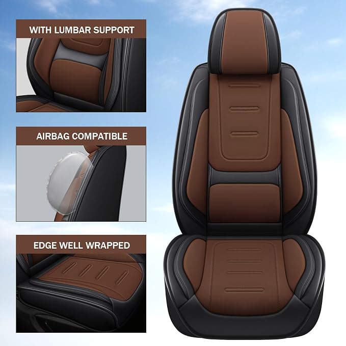 otoez Nappa Leather Car Seat Covers Full Set, Breathable Leather Automotive Seat Covers Front & Rear Seat Protectors with Lumbar Support, Universal Fit for Most Cars SUV Truck Sedan(Black+Brown)