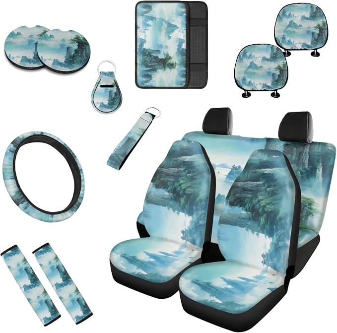 Turquoise Landscape Painting 13 PCS Car Seat Covers Full Set Retro Mountain Range Print Car Front Back Seat Cover Steering Wheel Cover Fit Auto SUV Trucks