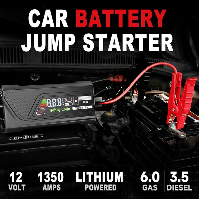 Hobby Colin 400E Car Jump Starter 12V 1350A Peak 1600mAh Battery Booster for 6.0L Gasoline and 3.5L Diesel Engines, LED Display, Indicators, Starter Cables