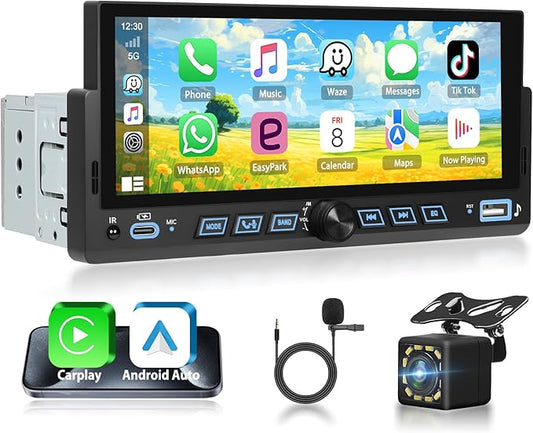6.86" Android CarPlay Stereo, Single Din Car Radio with Android Auto, HD Touch Screen Bluetooth Handsfree FM Audio Receiver with Mirror Link, SWC,Backup Camera Support USB/TF/AUX/MIC