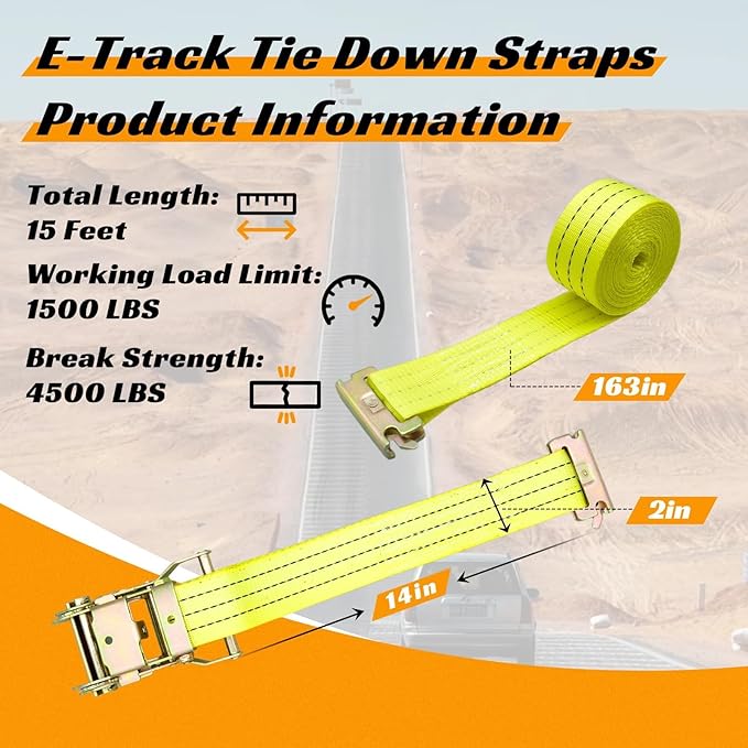 8 Pack 2" x 15' Heavy Duty E-Track Ratchet Straps - 4500LBS Break Strength - Tie Down Straps for Trucks, Trailers, Motorcycles, and Cargo（Yellow）