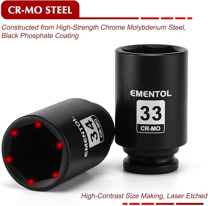 EMENTOL 11PCS 1/2-Inch Drive Spindle Axle Nut Impact Socket Set, CR-MO, 6 Point, Metric, 1/2" Dr. Deep Impact Socket Set, 27mm - 41mm