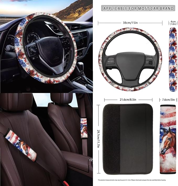 American Flag Horse Printed 15 PCS Car Accessories, Universal Auto Seat Protector Steering Wheel Cover Seatbelt Strap Covers Trash Can Cup Holders Rearview Mirror Cover Keychain