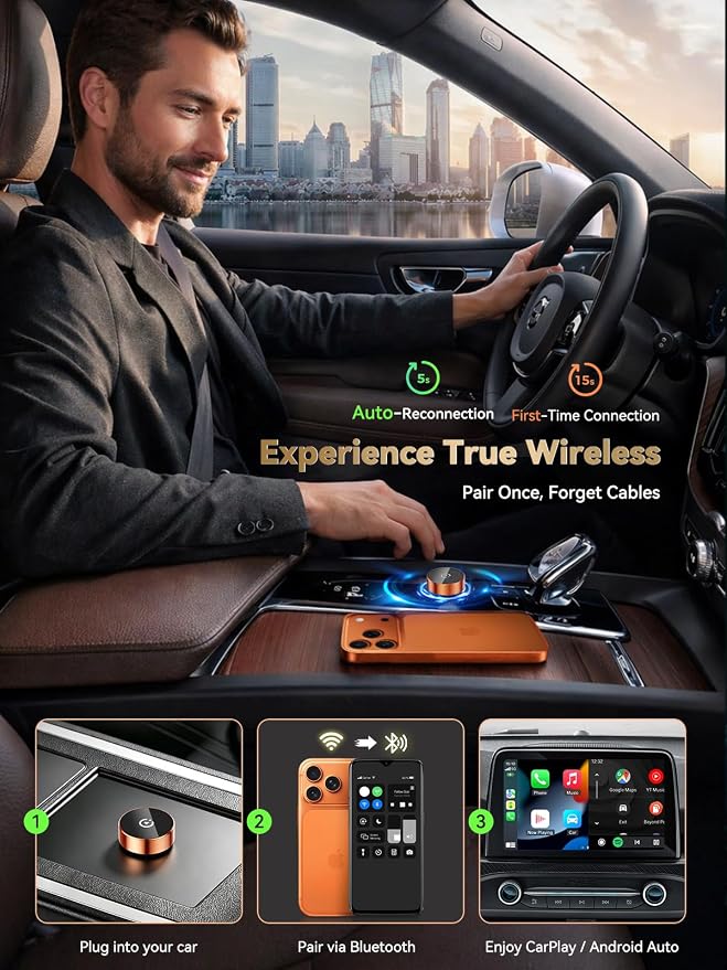 2026 Wireless CarPlay & Android Auto Adapter, 2-in-1 Mini Adapter for iPhone & Android, for USB-A/USB-C, Plug & Play, Fast Auto Reconnect, Low Latency