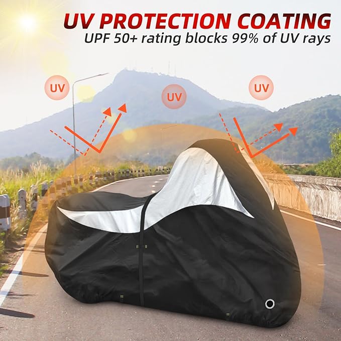 600D Motorcycle Cover, Heavy Duty Waterproof Motorcycle Covers Outdoor Storage with Lock-Holes Compatible with Harley Davidson, Honda, Suzuki, Yamaha (Side Box)