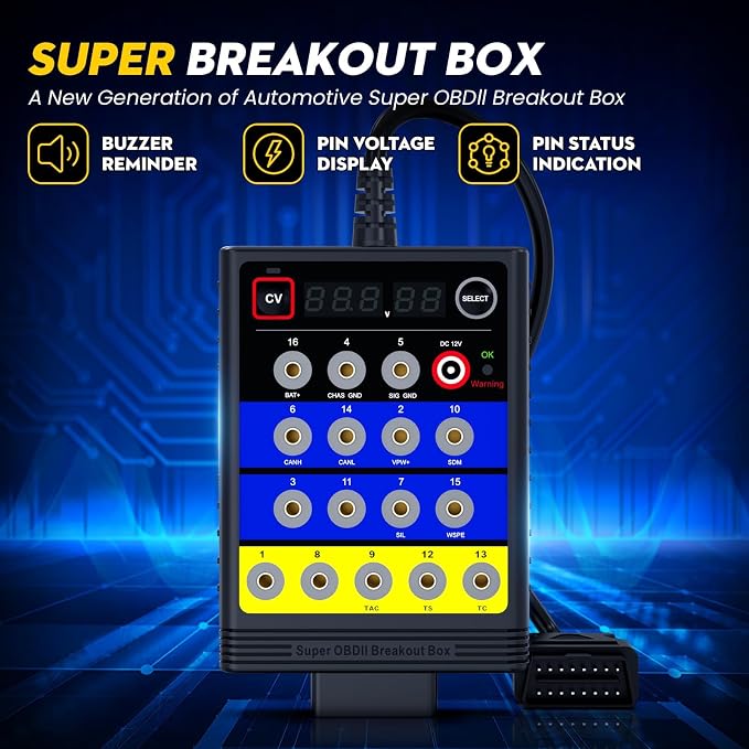 ELMCONFIG Super OBD2 Breakout Box, 16 Pin Automotive Diagnostic Tool, Voltage Constant Tool with Short Circuit Protection, Automotive Circuit Tester with 12 Extension Cables for ECU Bench Testing