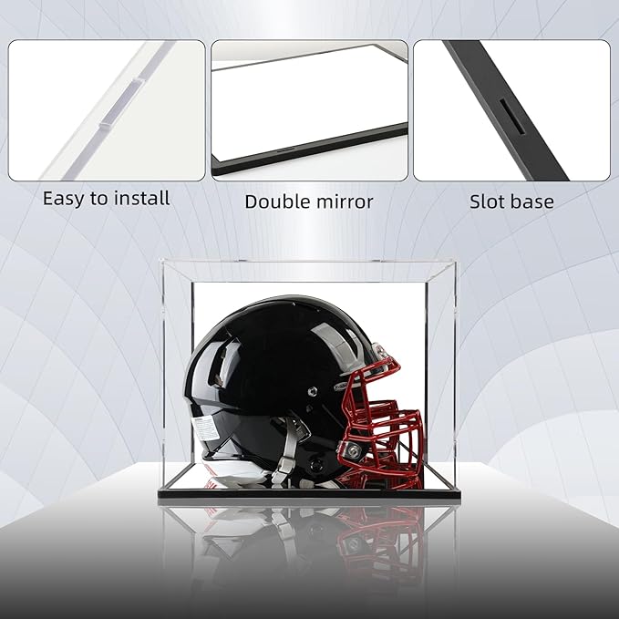 Acrylic Football Helmet Display Case Full Size with Mirror Back and Base, UV Protection Dustproof Clear Cube Box for Sports Memorabilia Storage, Assembly Required (14.9" L x 11.8" W x 11.8" H inches)