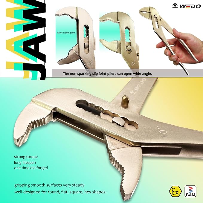 WEDO Non-Sparking Slip Joint Pliers, Spark-free Safety Water Pump Pliers, Length 250mm,Aluminum Bronze, 35mm Wide Opening Groove Joint Pliers,DIN Standard, BAM & FM Certificate