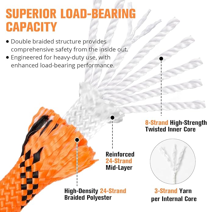 Double Braided Arborist Rigging Rope - 1/2 in X 220 ft 48 Strands Rappelling Outdoor Pulling Heavy Duty Polyester Bull Rope for Swing Tree Work Camping Rescue Hiking Logging - Orange