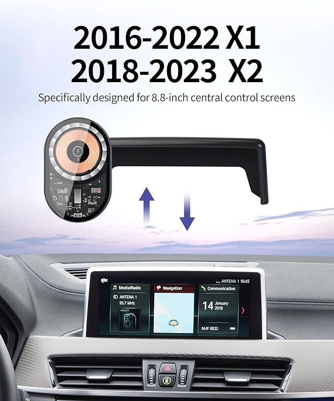 Wireless Charging car Phone Holder for 2016-2022 BMW X1 / 2018-2023 X2 Accessories 8.8-inch Screen Fixed Clip,Non-Obstructing Navigation,MagSafe Compatible, Vibration-Proof, 360° Rotation