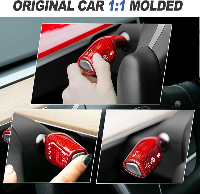T-carbon Real Glass Fiber Steering Lever Cover Compatible with Tesla Model 3 Model Y 2017-2024, Gear Shift Paddle Cover Compatible with Model 3/Y Interior Accessories, Red