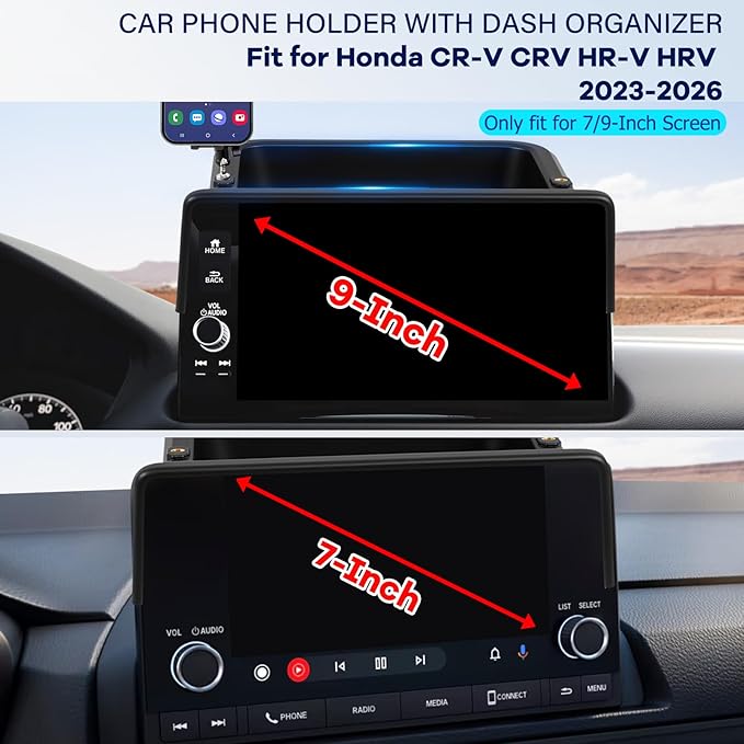 Car Phone Holder Fit for Honda CR-V HR-V 2023 2024 2025 2026 w/Dash Tray Storge Box Organizer-Cell Phone Mount for CRV HRV Accessories 7/9 inch Touch Screen 360 Degree Rotation