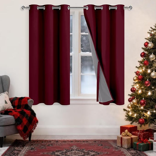 XWZO 100% Blackout Window Curtains- Thermal Insulated & Noise Reduction Black Liner Ring Top Window Treatment Sewn with Tiebacks for Bedroom/Living Room, Burgundy, W42 x L45, Set of 2