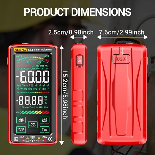 Smart Multimeter, Digital Multimeter Tester with Touch Screen 6000 Counts Auto Ranging Rechargeable A Reverse Display NCV Tester with Flashlight for Electricians, DIY (Red)