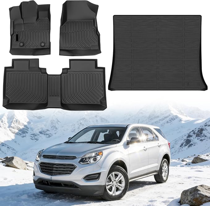Floor Mats for Chevrolet Chevy Equinox 2012-2017 and for GMC Terrain 2012-2017, Custom Fit Heavy Duty TPE All Weather Protection, Waterproof Non-Slip Black (Two-Row Floor Mats & Cargo Liner)
