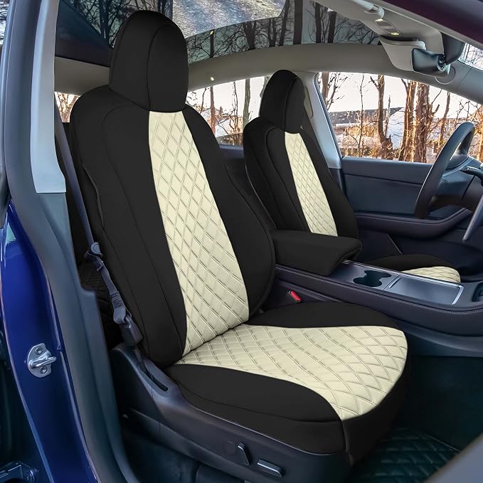 FH Group Custom Fit Car Seat Covers Specifically Made for 2020-2025 Tesla Model Y Ultraflex Neoprene Water Resistant Automotive Seat Covers - Full Set Beige