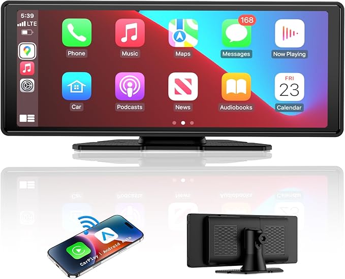 Wireless Apple Carplay Screen for Car, 10.26" HD Touchscreen Portable Android Auto Car Stereo with Bluetooth Car Radio Receiver Support GPS Navigation, Voice Control, Mirror Link, FM/AUX