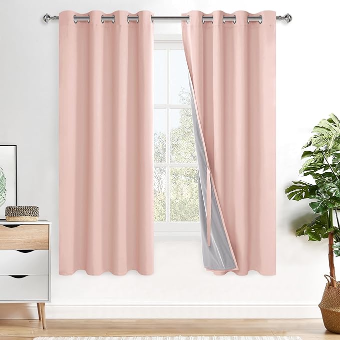 XWZO 100% Blackout Curtains 2 Panels with Tiebacks- Heat and Full Light Blocking Window Treatment with Black Liner for Bedroom/Nursery, Grommet Top, Blush Pink, W52 x L63 Inches Long, Set of 2