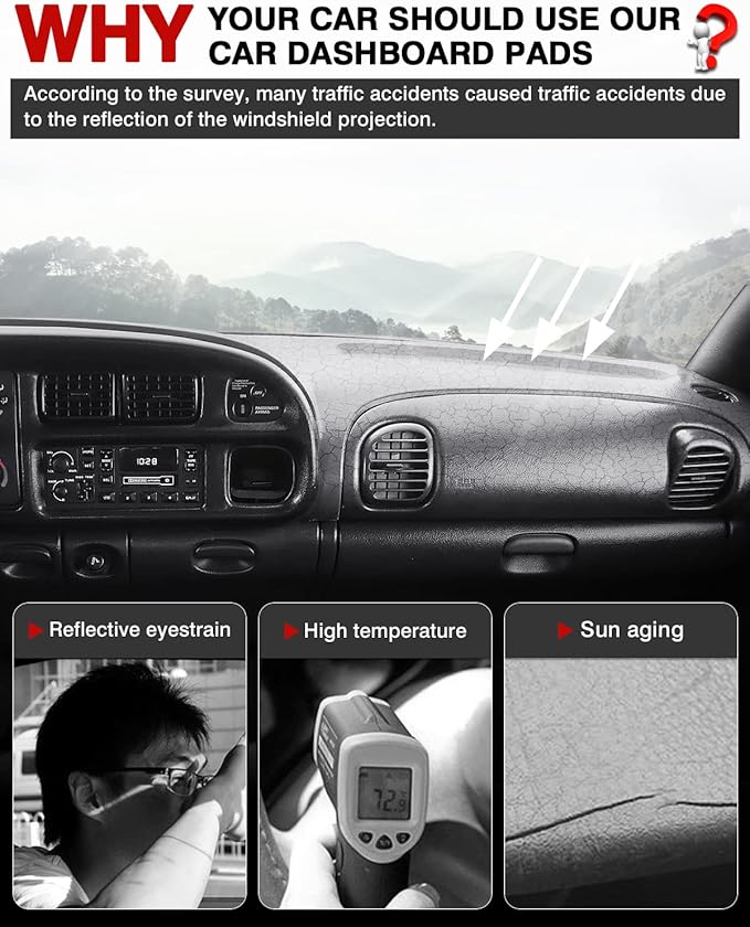 Autorder Dashboard Cover Mat for Dodge Ram 1500 2500 3500 1998-2001 Accessories Dash Cover Flannel Dash Mat Sunshade Glare UV Rays Protector