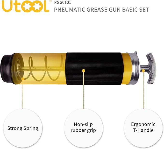 UTOOL Pneumatic Grease Gun | 6000 PSI Air Operated Grease Gun Kit, 14 oz Capacity, 18 Inch Resin Flex Hose, 1 Extension Bend Pipe, 1 Sharp Type Nozzle, 1 Basic Coupler, 1 Zerk Cleaner