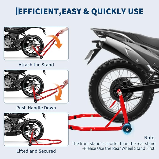 Garvee Motorcycle Stands Front and Rear, 900 LB Heavy Duty Front & Rear Wheel Lift Combo with Prong Adapters+L Adjustable Swingarm Spool, Universal Paddock Stands for Most Motorcycles, Red