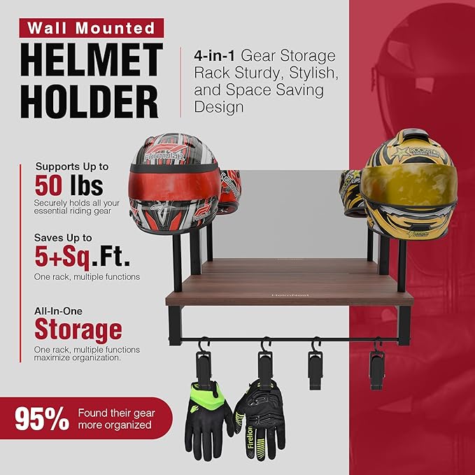 Motorcycle Helmet Holder Wall Mount with Mirror, Rustic Helmet Rack & Gear Hooks, Helmet Hanger Wall Mount for Gloves, Keys & Accessories, Wood & Metal Helmet Display Organizer for Entryways/Garages