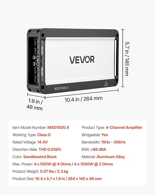 VEVOR 4 Channel Car Audio Amplifier 2 Ohm Stable Bridgeable Class D Full Range Amp Max Power 4 x 500W @ 4 Ohm / 4 x 1000W @ 2 Ohm for Car SUV Truck Off-Road