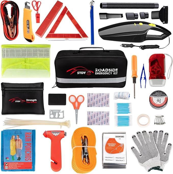 STDY Car Roadside Emergency Kit, Vehicle Truck Safety Road Side Assistance Kits Auto Accessory, with Jumper Cables, Car Vacuum, etc
