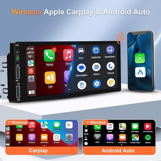 Single Din Car Stereo Wireless Carplay Car Radio Bluetooth 5.0, Rimoody 6.86" Touchscreen Android Auto Mirror Link 2-USB FM EQ/SWC/MIC Car Audio Receiver with Backup Camera
