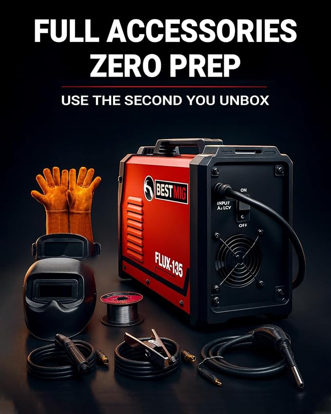 BESTMIG 135A MIG Welder - 3-in-1 Flux Core Welder, MIG/Lift TIG/Stick Welding Machine - Portable IGBT Inverter - 110V with Welder Helmet and Gloves (Red Black, MIG 135A Welder)