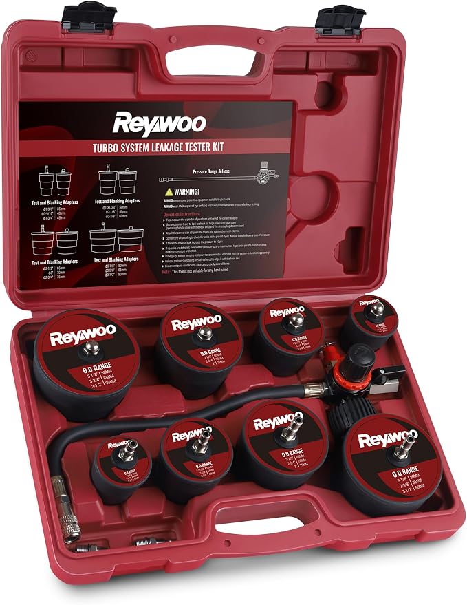 Reywoo Turbo Boost Leak Tester Kit, 10pc Turbo System Leakage Tester Set with 4 Pairs of Stepped Adapters 1-3/8" to 3-1/2", Turbo Pressure Leakage Tester for Cooling Emissions Exhaust Pipes