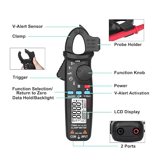 BSIDE 1mA DC/AC Clamp Meter True RMS 6000 Counts Temperature Low Impedance Voltage Amp V-Alert Live Wire Check Tester with Back Clip