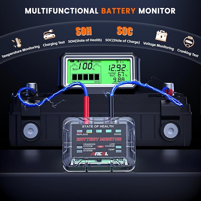 ANCEL BM200 PRO 12V Car Battery Monitor, 433MHz Wireless Transmission Battery Tester with Cranking Charging Test, Voltage & Temperature & Alarm Real-Time Monitoring for Car, Motocycle, RV, Truck, Boat