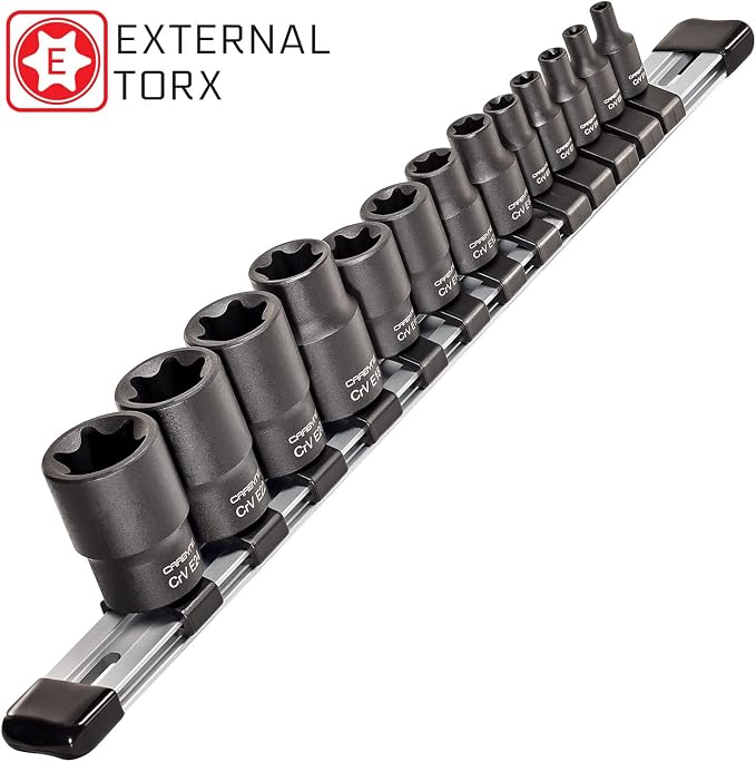 CARBYNE 13 Piece External Torx (eTorx) Socket Set (E4 to E24) AND 9 Piece External Torx Plus (eTorx Plus, aka 6 Lobe) Socket Set (E6 to E18). Chrome Vanadium Steel, 1/4-inch, 3/8-inch & 1/2-inch Dr.