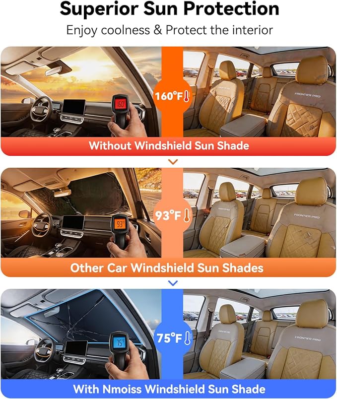Nmoiss [Vinyl Coating Heat Shield] Windshield Sun Shade Umbrella Custom for Nissan Frontier, Protect Car from Sun Rays & Heat Damage Keep Cool and Protect Interior