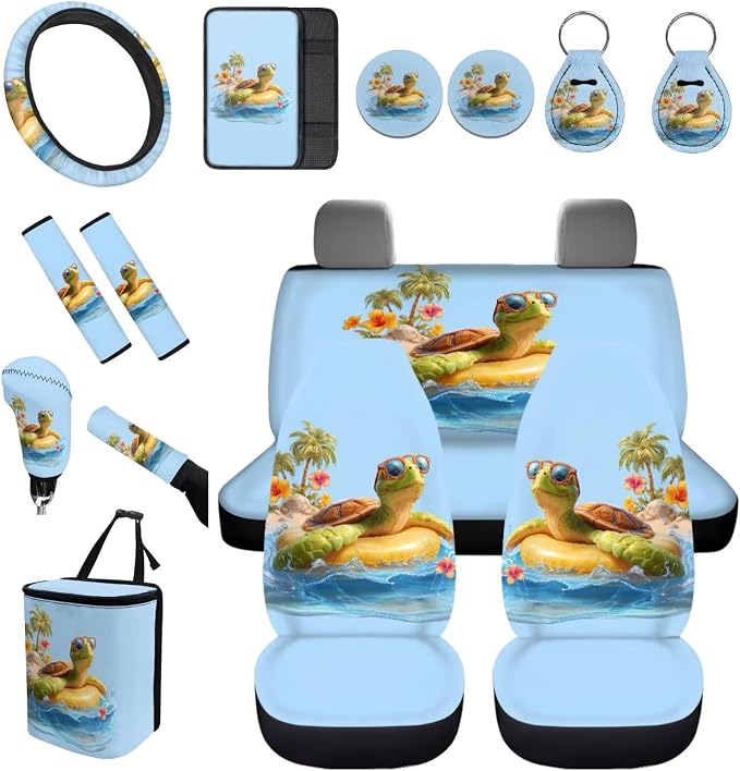 Forchrinse 15Pack Car Accessories Set Hawaiian Sea Turtle Car Seat Cover Full Set+Steering Wheel Cover+Car Trash Can+Seatbelt Cover+Coaster+Keychain
