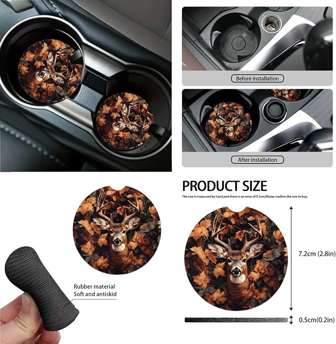 Deer Hunting Camo Print Auto Interior Sets Full Car Front Rear Seat Covers Steering Wheel Cover Seat Belt Covers Coasters Trash Can Keychain Air Vent Storage Bag 15pcs Set