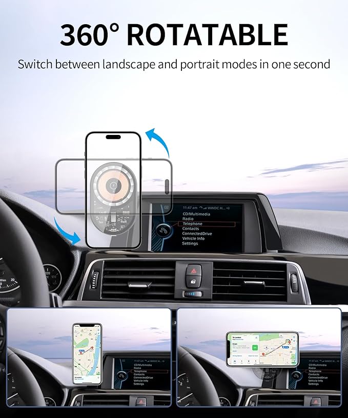 Wireless Charging Car Phone Holder for BMW 3 Series 2012-2018/2 Series/4 Series 2014-2018, 6.5" Screen Fixed Clip, 360° Rotation Car Phone Mount Compatible with MagSafe