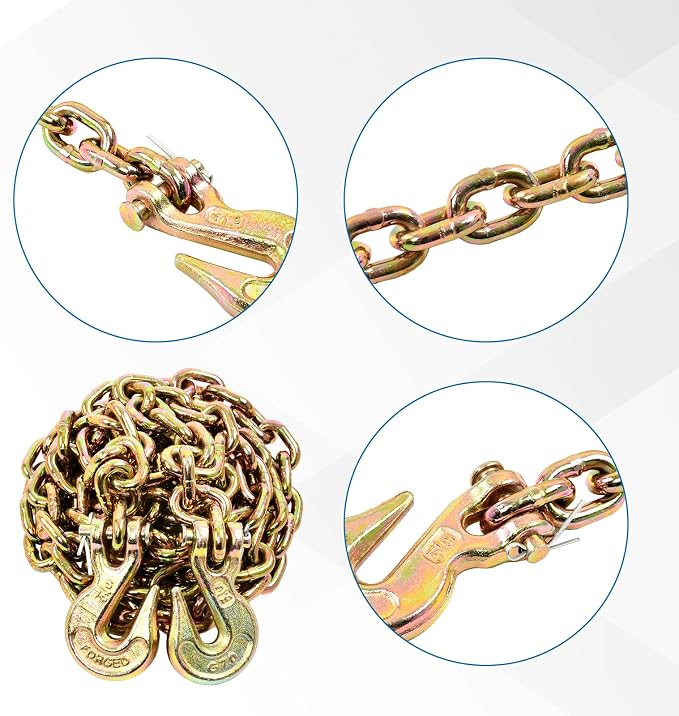 5/16 Inch x 12 Feet Transport Binder Chain G80 Safey Tow Chain with Grab Hooks 4900 Lbs Safe Work Load for Transporting Towing Tie Down Binding Equipment