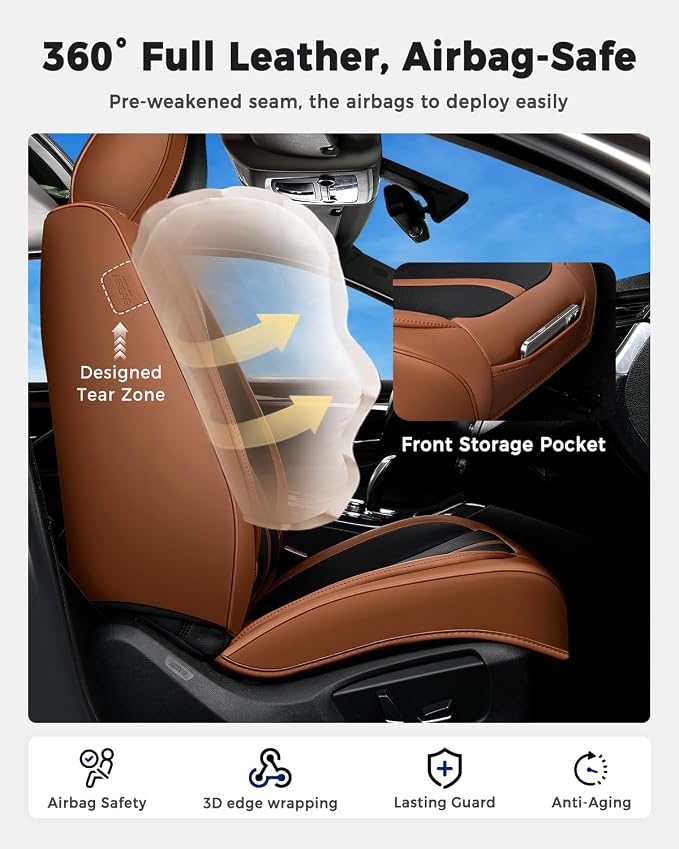 Huidasource Front Seat Covers Luxury Nappa Leather, Driver Seat Cover with Airbag, Front Storage Pocket, Lumbar Support, Cooling＆Heating, Seat Cover Universal Fit for Most Cars SUV Trucks, Brown&Black