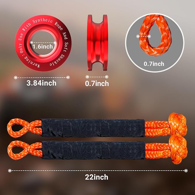 Synthetic Soft Shackle Rope 1/2 x 22 Inch Orange Recovery Tow Shackles with Red Snatch Recovery Ring 56,000lbs Breaking Strength Offroad Soft Shackle Recovery Kit for Off-Road ATV UTV Vehicles